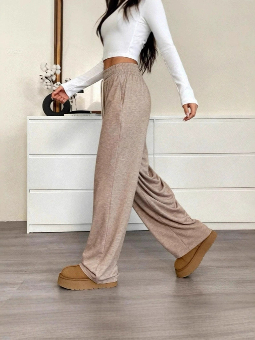 ZARA High Waist Drawstring Pocket Relaxed Straight Wide Leg Warm Pants